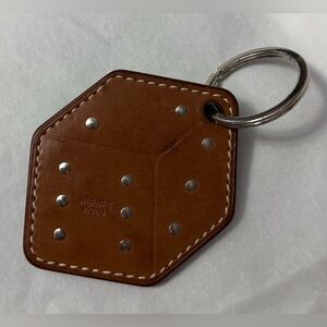 Hermès AUTHENTIC Dice Motif Logo Brown Leather Silver Studded Key Ring Bag Charm